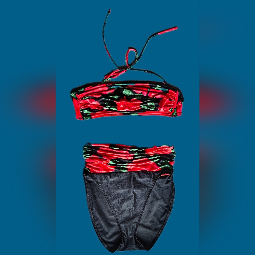 Vintage La Blanca High waisted High Cut Red and Black Floral Bikini Set 💚🌹🖤12